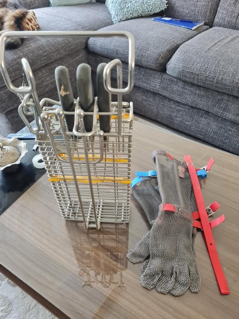 Slagershandschoenen en messenhouder - RVS, Huis en Inrichting, Keuken | Keukenbenodigdheden, Ophalen of Verzenden
