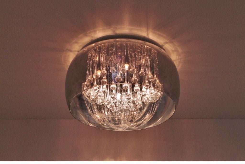 Plafondlamp met glazen pegels - 2 stuks, Zilver, Gebruikt, Overige fittingen, Ophalen of Verzenden
