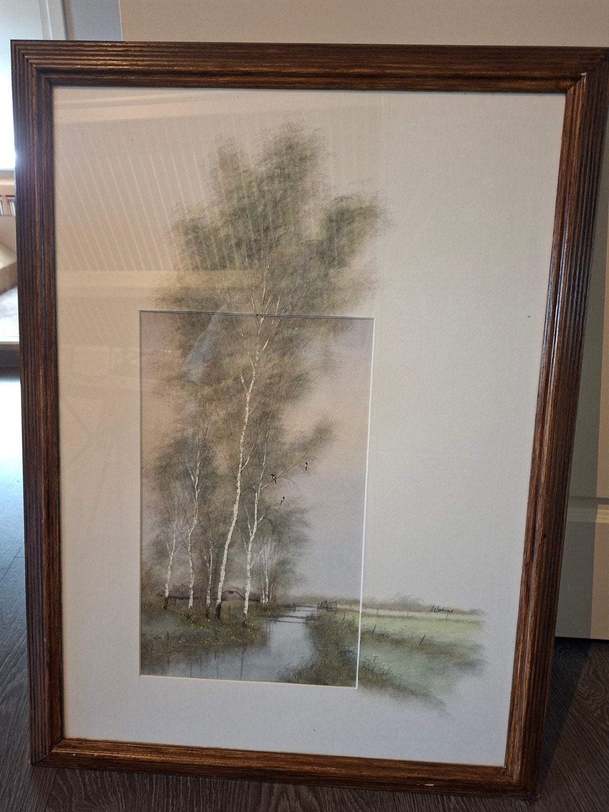 Ingelijste aquarel: Landschap met berken water, Antiek en Kunst, Kunst | Schilderijen | Klassiek, Oud hollands, Landschap, Aquarel