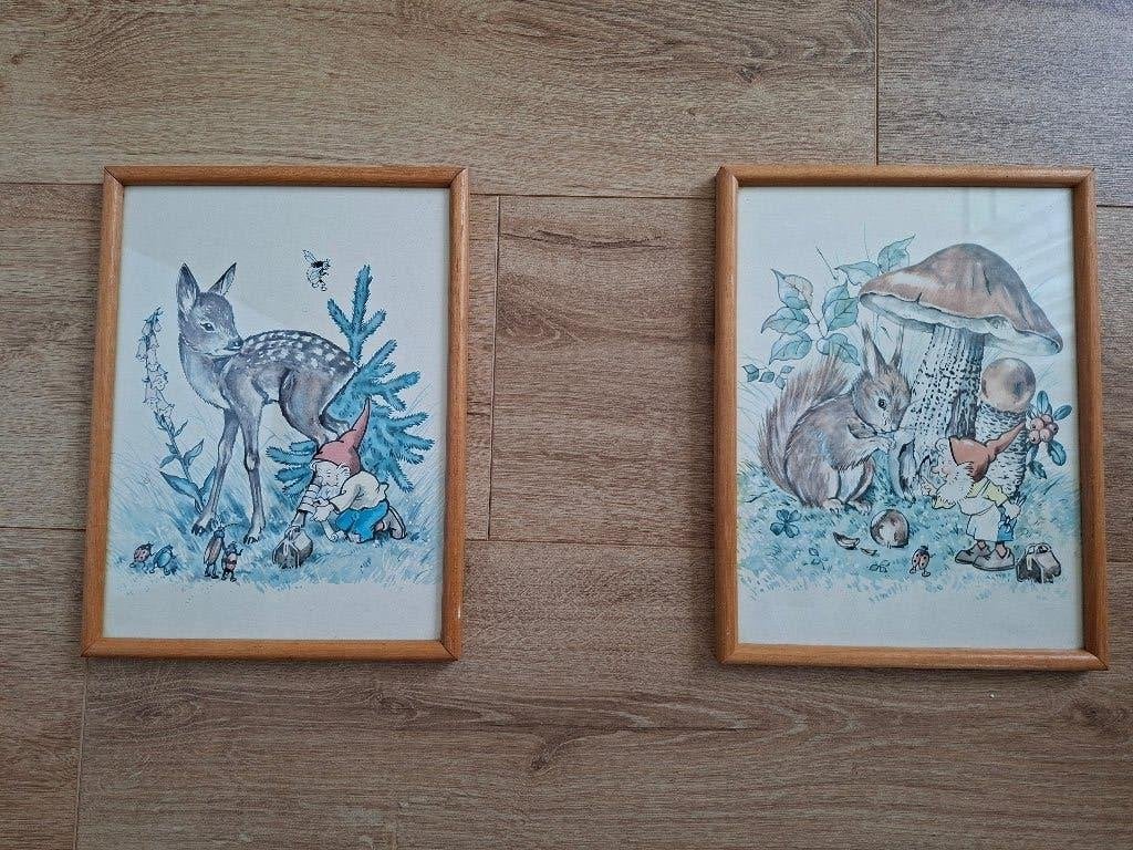 Prent met lijst, hert, kabouter jaren 60, 70, Ophalen, 1960 tot 1980, Gebruikt, Prent