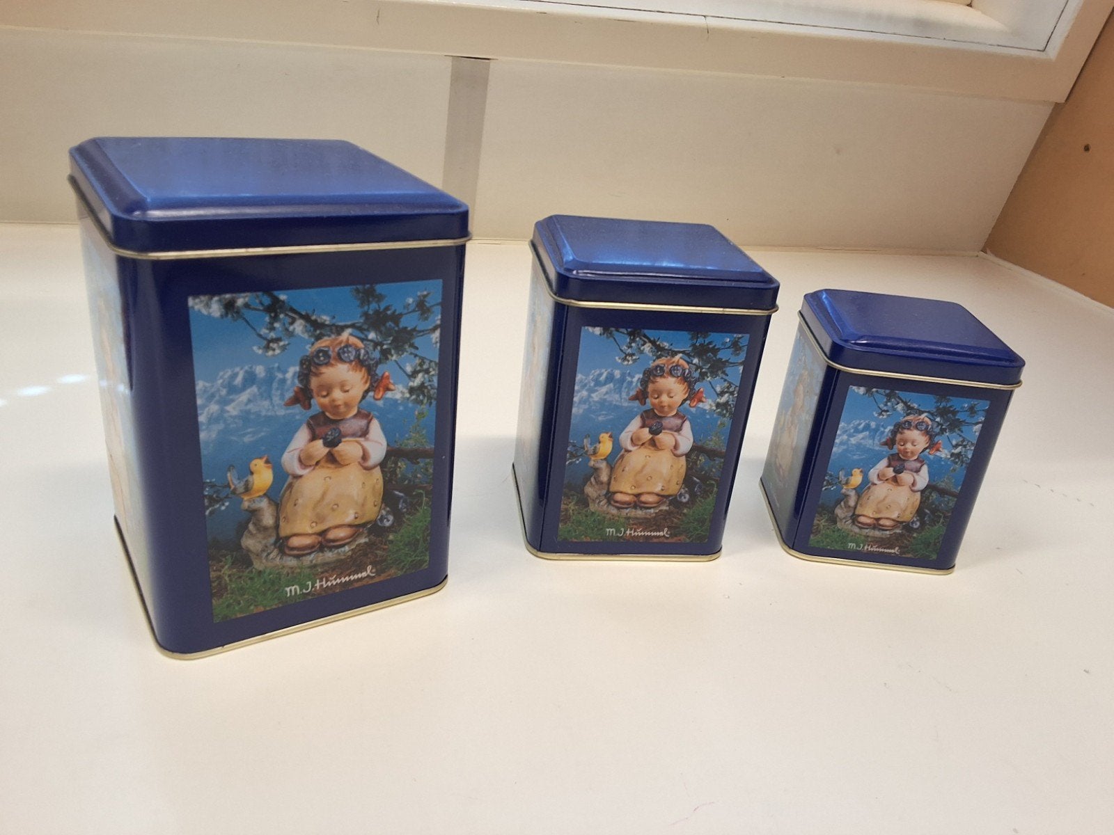 Set van 3 vintage M.J. Hummel blikken - blauw/goud, Ophalen of Verzenden, Gebruikt, Overige, Overige merken