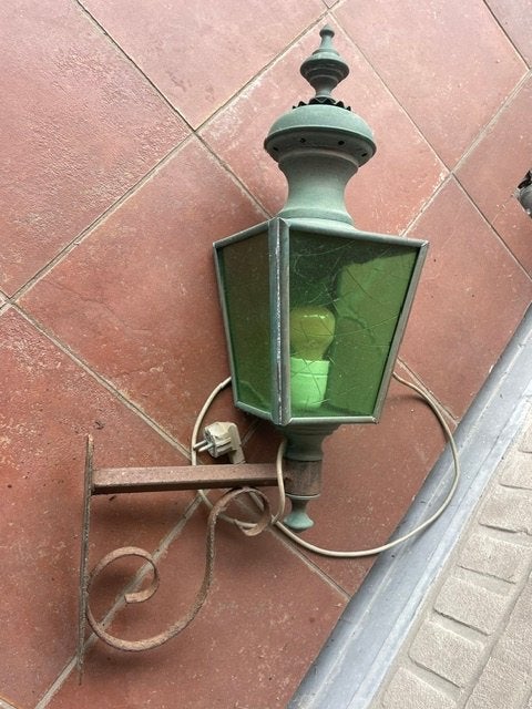 Vintage Buitenlamp met Groen Glas en Sierlijke Beugel, Ophalen