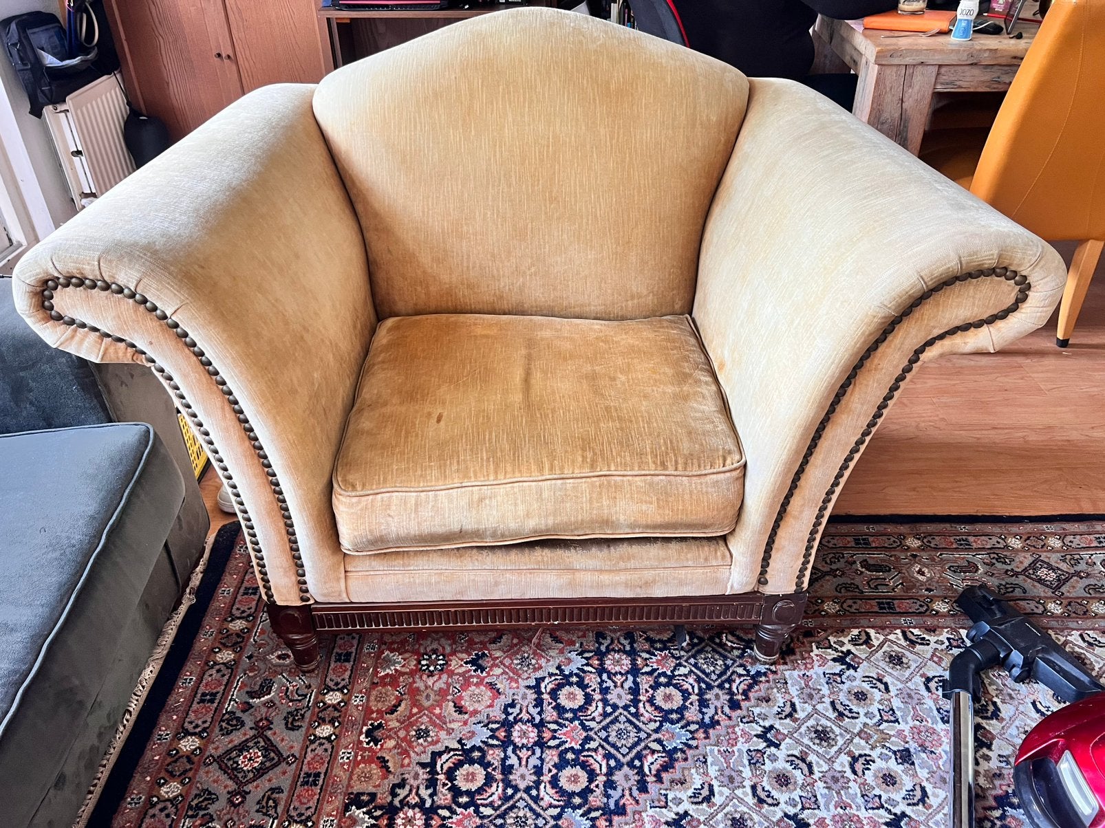 bankstoel / loveseat - mosterd geel (moet weg!), Ophalen, Hout, Gebruikt, Vintage