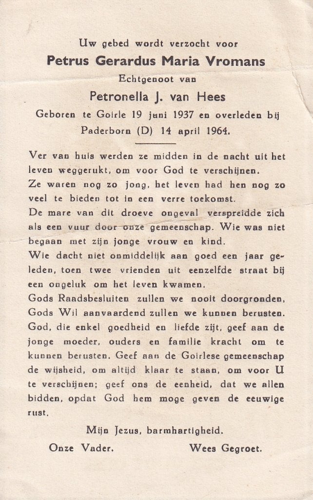 Vromans Petrus 1937 Goirle 1964 Paderborn  (D), Ophalen of Verzenden, Bidprentje