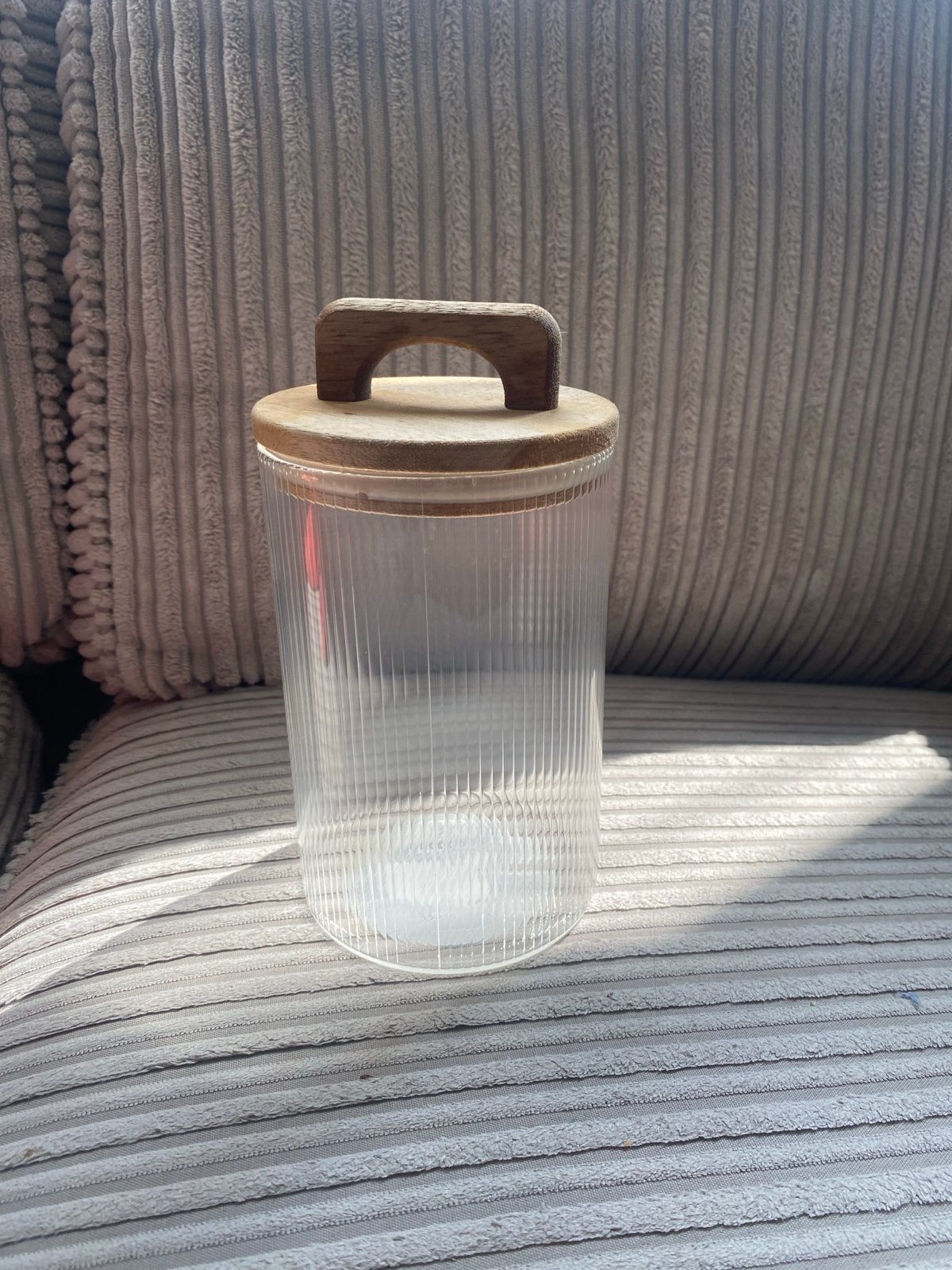 Glazen voorraadpot met houten deksel en handvat, Ophalen, Glas, Zo goed als nieuw, Voorraadpot