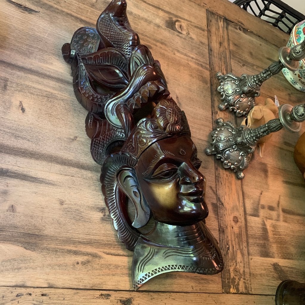 Sri Lanka Houten wanddecoratie Naga-godin & slang 40 cm hoog, Antiek en Kunst, Hout, Bruin, India, Ophalen of Verzenden