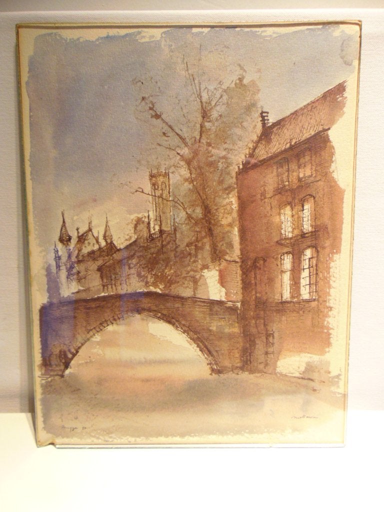 Aquarel in Sepia van de stad Brugge, Antiek en Kunst, Ophalen of Verzenden, Tekening, Aquarel, Achter glas