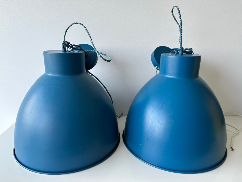 2x industriële lamp, hanglamp petrol, blauw/groen 41 cm, Ophalen of Verzenden, Gebruikt, Industrieel