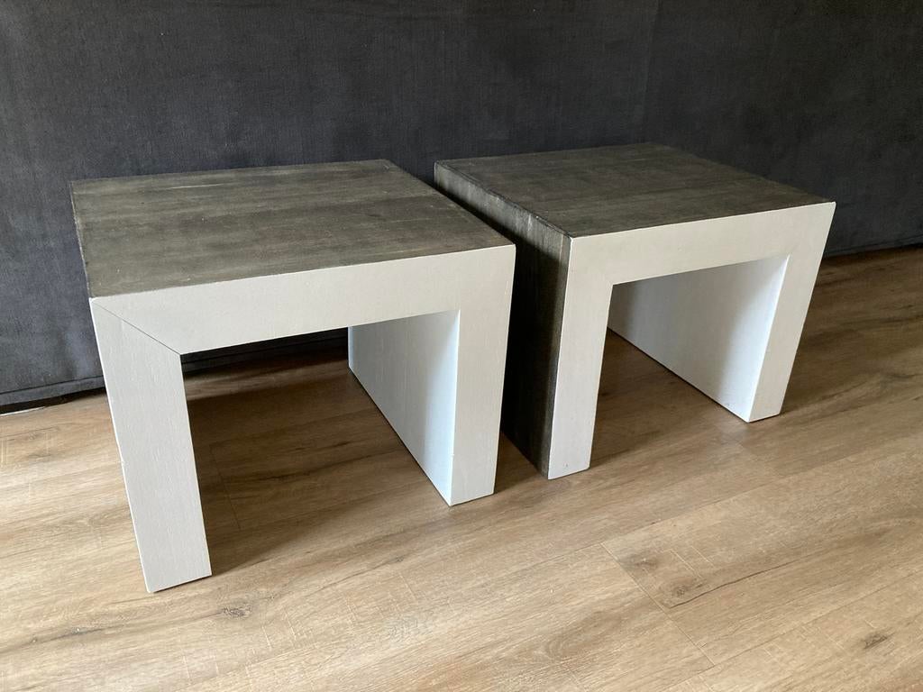 Twee salontafeltjes bijzettafel bruingrijs met wit 45x50 cm, Huis en Inrichting, Tafels | Salontafels, Ophalen, Gebruikt, Vierkant