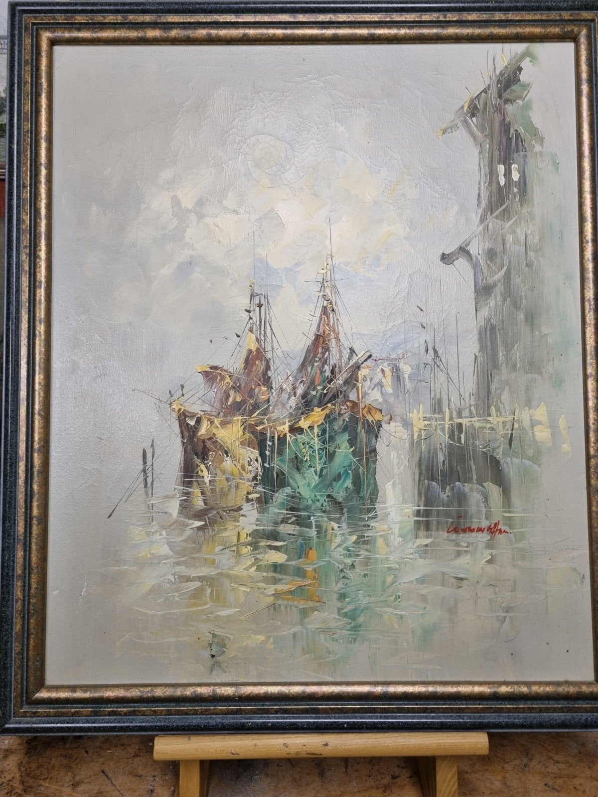 Olieverf Havengezicht met Schepen, 20e Eeuw, Impasto, Antiek en Kunst, Ophalen of Verzenden, Stadsgezicht, Textiel, Gesigneerd