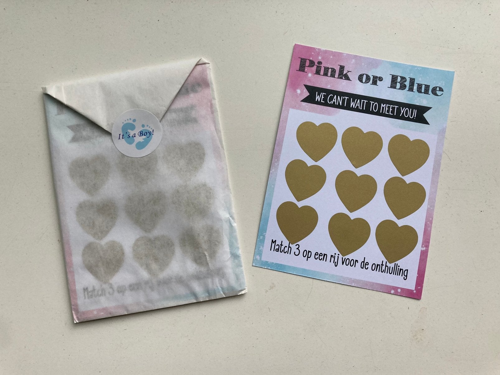 3 gender reveal kraskaarten jongen, superleuk onthullen, Ophalen of Verzenden, Nieuw, Versiering, Geboorte of Huwelijk