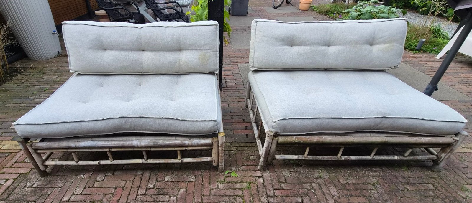 Bamboe lounge stoelen met kussens (2 stuks), Ophalen, Gebruikt, Overige materialen, 2 zitplaatsen