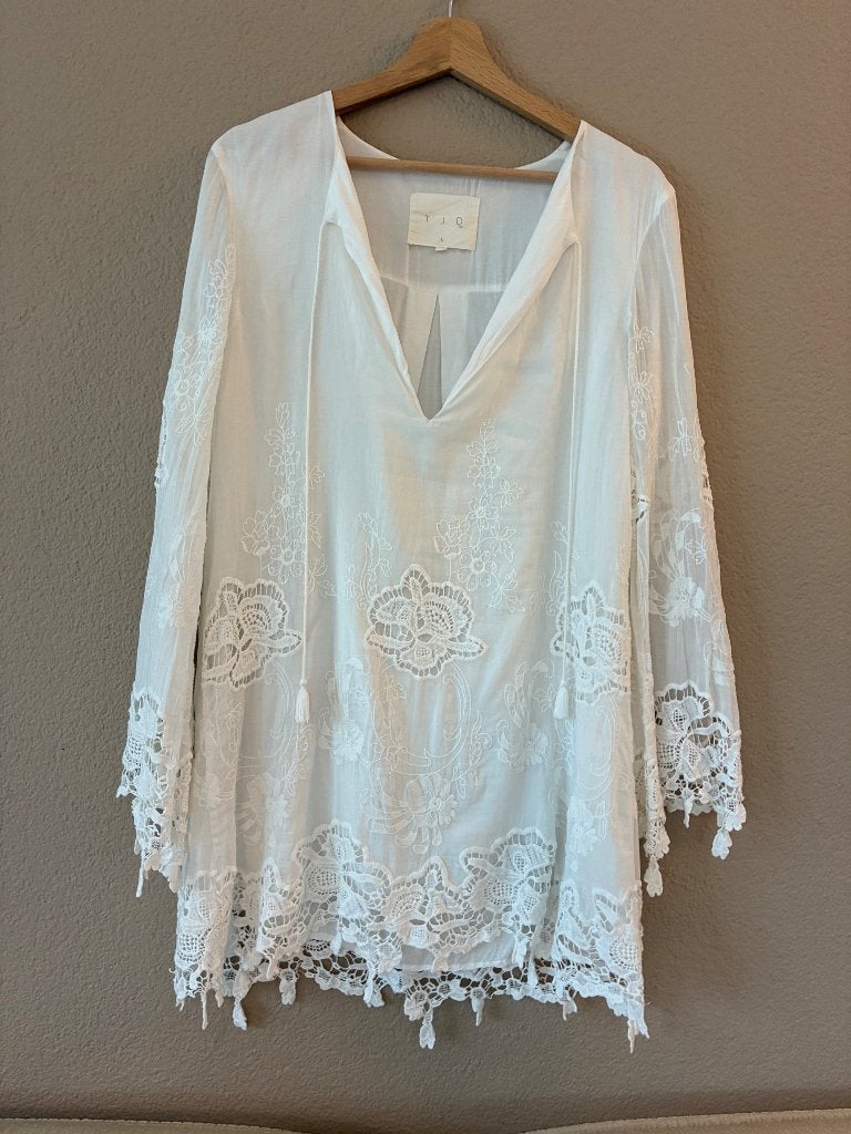 Prachtig boho jurkje zijde/katoen, Wit, Maat 42/44 (L), Ophalen of Verzenden, Zo goed als nieuw