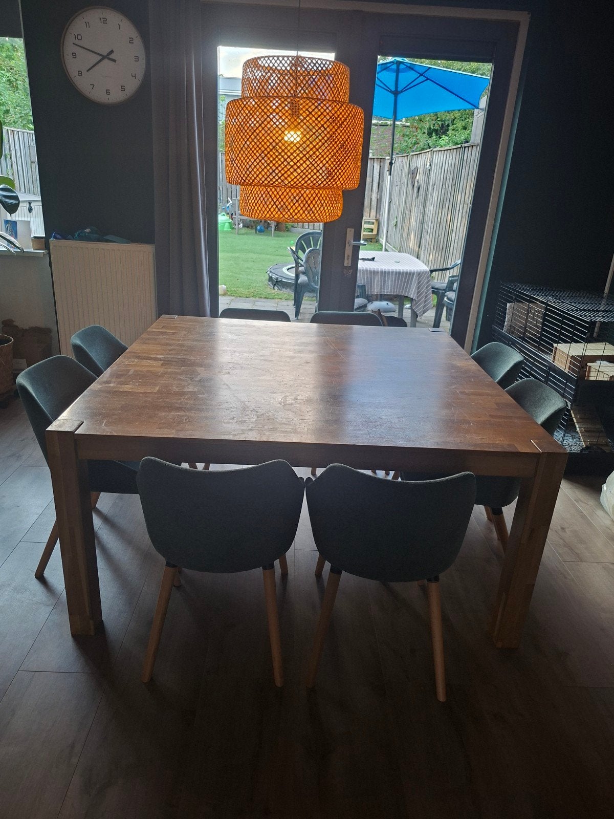 Eiken houten eettafel 8 persoons + salontafel + stoelen, Ophalen, Gebruikt, 100 tot 150 cm, Vijf personen of meer