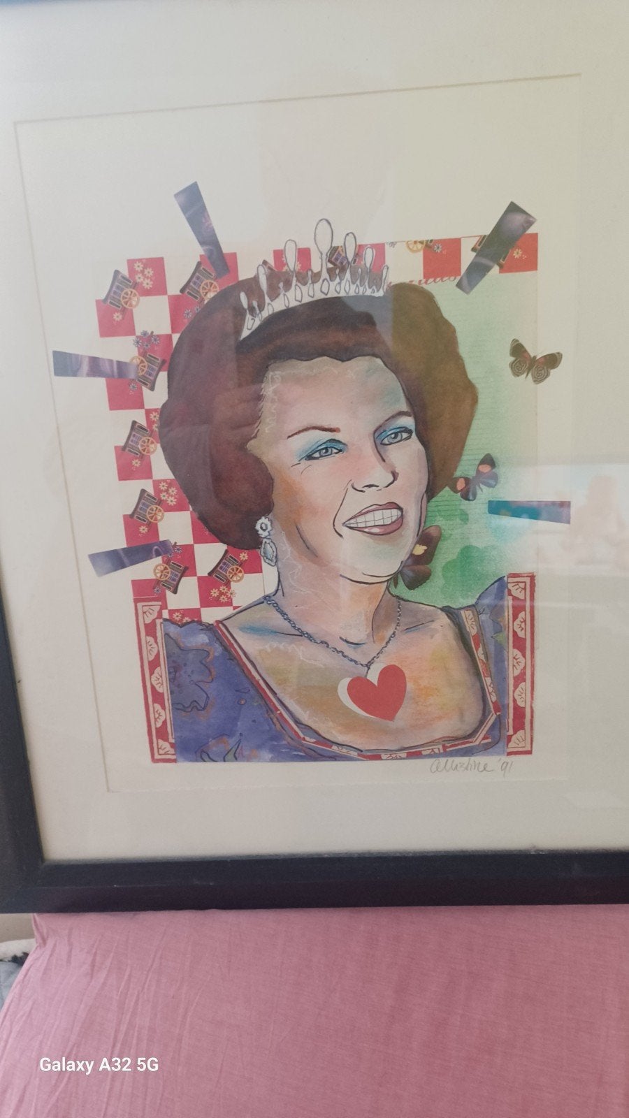 Aquarel Koningin Beatrix, ingelijst met passe-partout, Antiek en Kunst, Ophalen of Verzenden