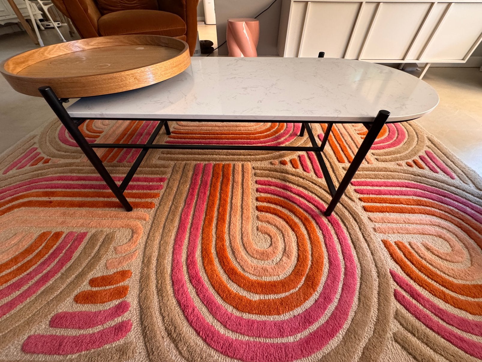 Salontafel marmer hout ijzer, Ophalen, Zo goed als nieuw, Rond, Minder dan 55 cm