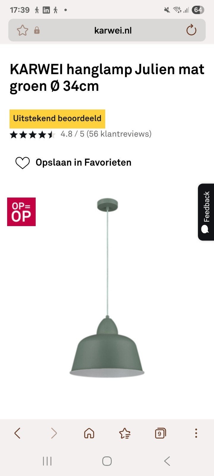 3 KARWEI hanglampen Julien mat groen Ø 34cm, Huis en Inrichting, Ophalen, Modern, Industrieel, E27 (groot), Zo goed als nieuw