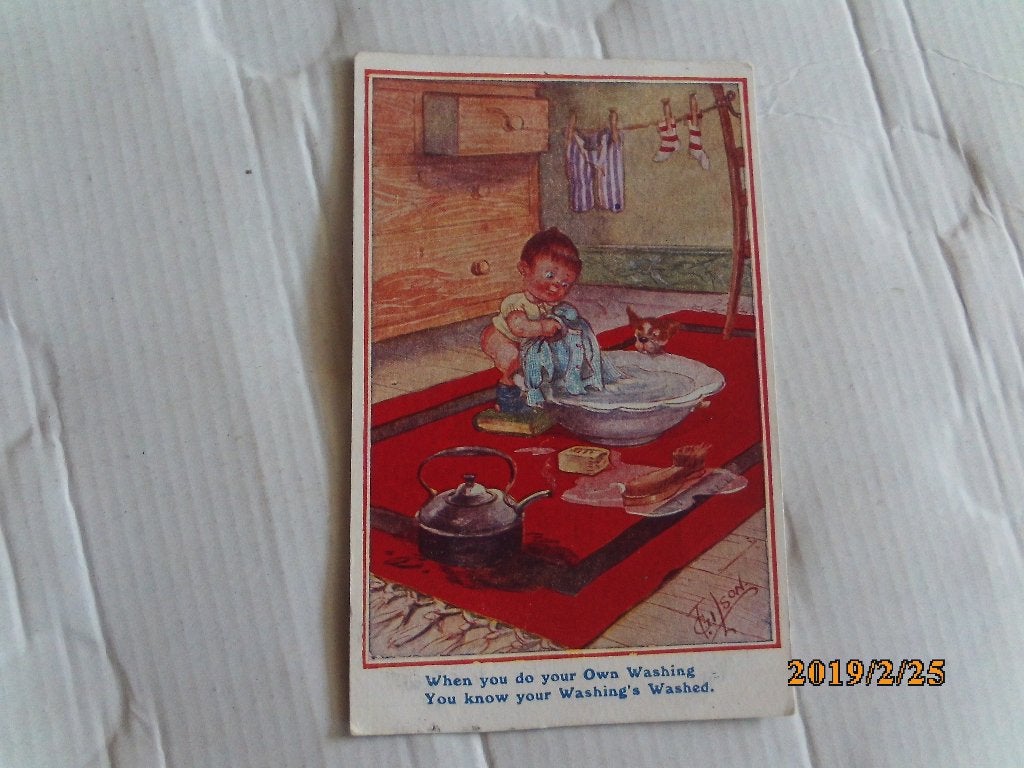 oude ansichtkaart kind doet de was, Ophalen of Verzenden, Voor 1920, Gelopen, Engeland