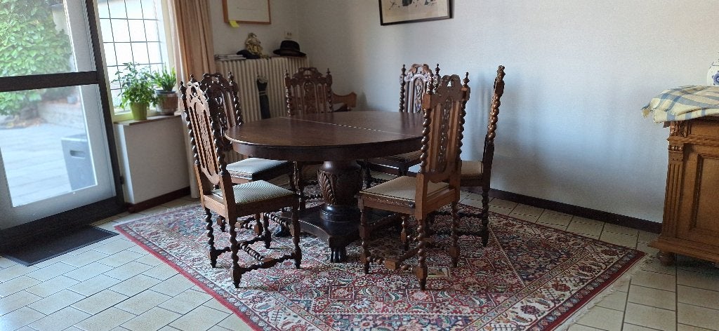 Antieke eettafel met 6 stoelen - Massief hout, Antiek en Kunst, Ophalen