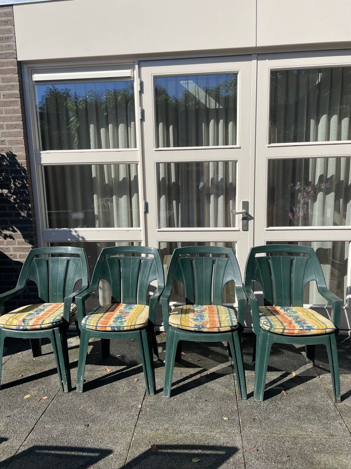 4 Groene kuipstoelen met kussens - Gebruikt, Ophalen, Gebruikt, Kunststof