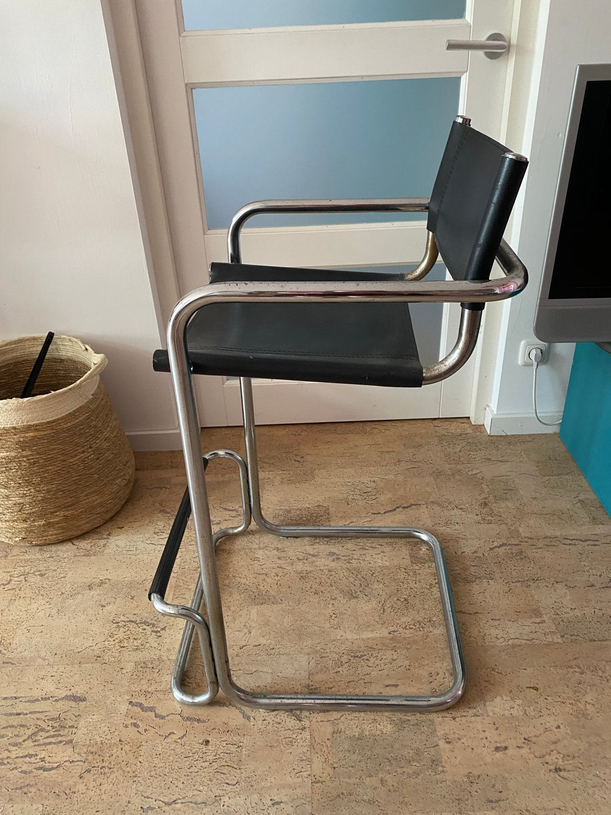Vintage barkruk met armleuningen en voetsteun, Ophalen, Gebruikt, Met voetsteun, Leer
