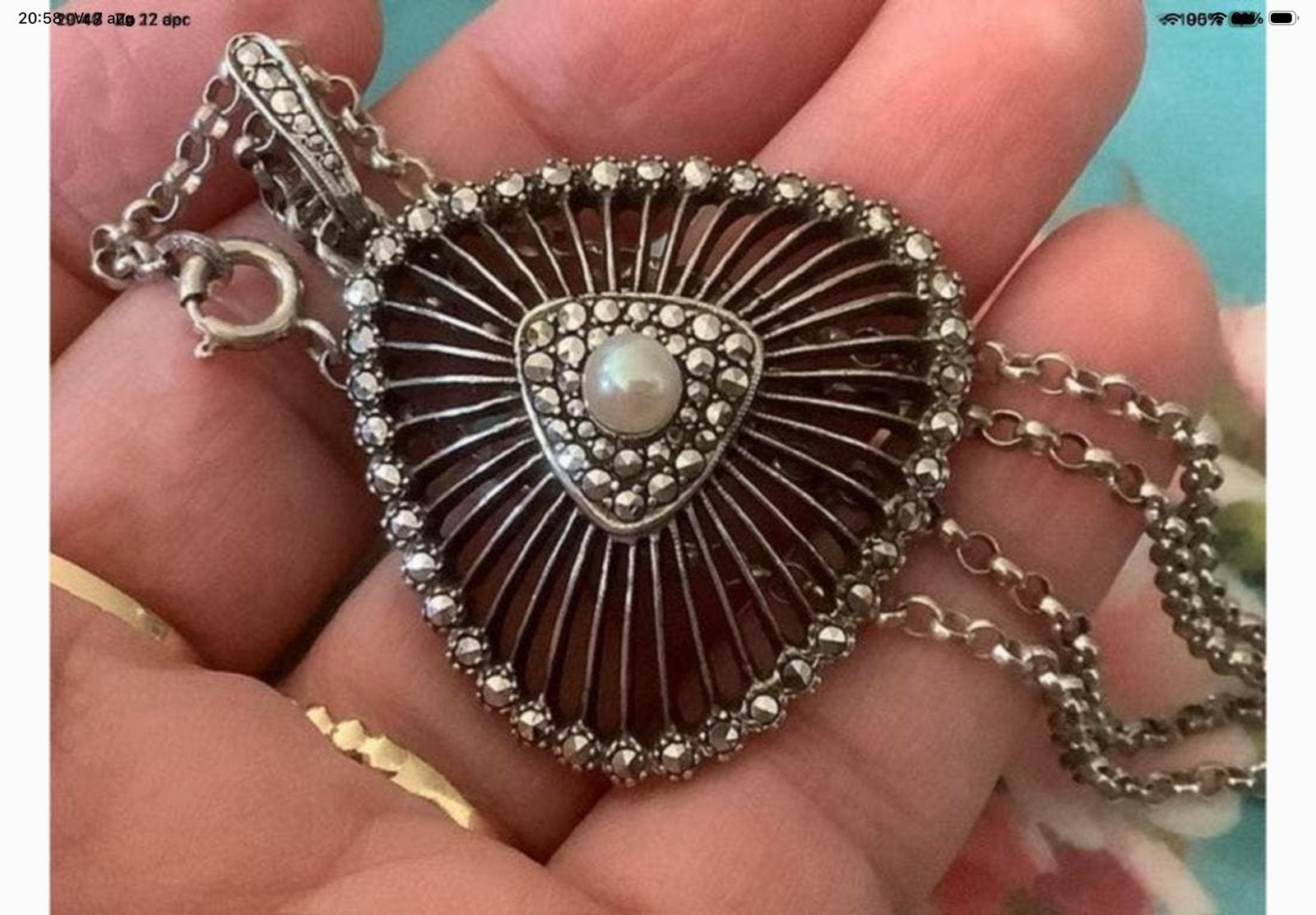 Prachtige vintage zilveren Kettinghanger Markasiten en Parel, Sieraden, Tassen en Uiterlijk, Overige voorstellingen, Verzenden