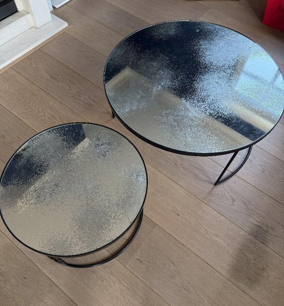 Set van 2 ronde salontafels - metaal/glas, Huis en Inrichting, Tafels | Salontafels, Ophalen, Gebruikt, 50 tot 100 cm, Rond