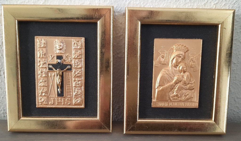 2 kleine goudkleurige icoontjes: Christus en Maria, Ophalen of Verzenden, Klassiek, Overige onderwerpen, Ingelijst