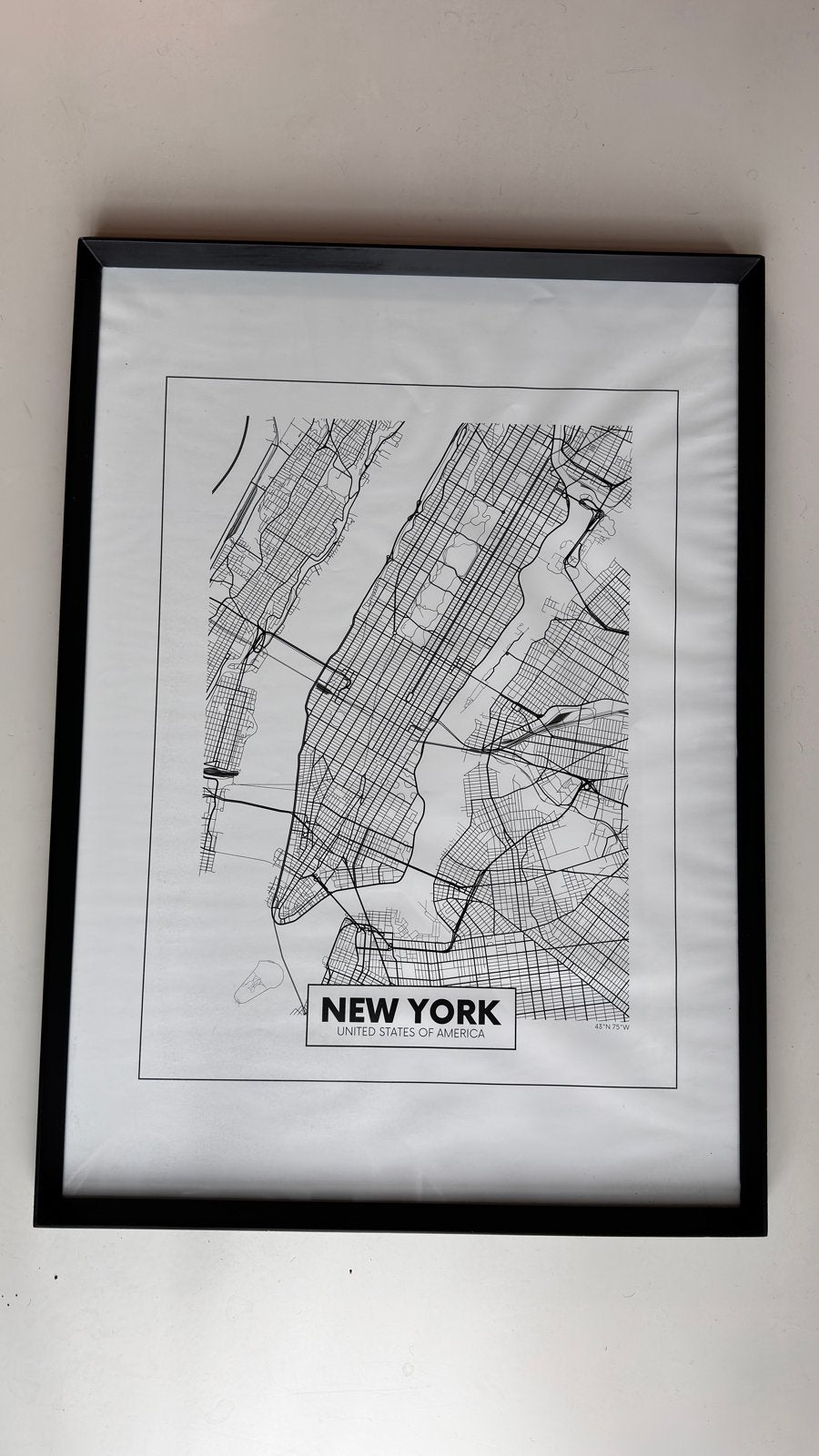Ingelijste New York kaart - Zwart-wit print, Ophalen, 50 – 75, 50 tot 75 cm, Print