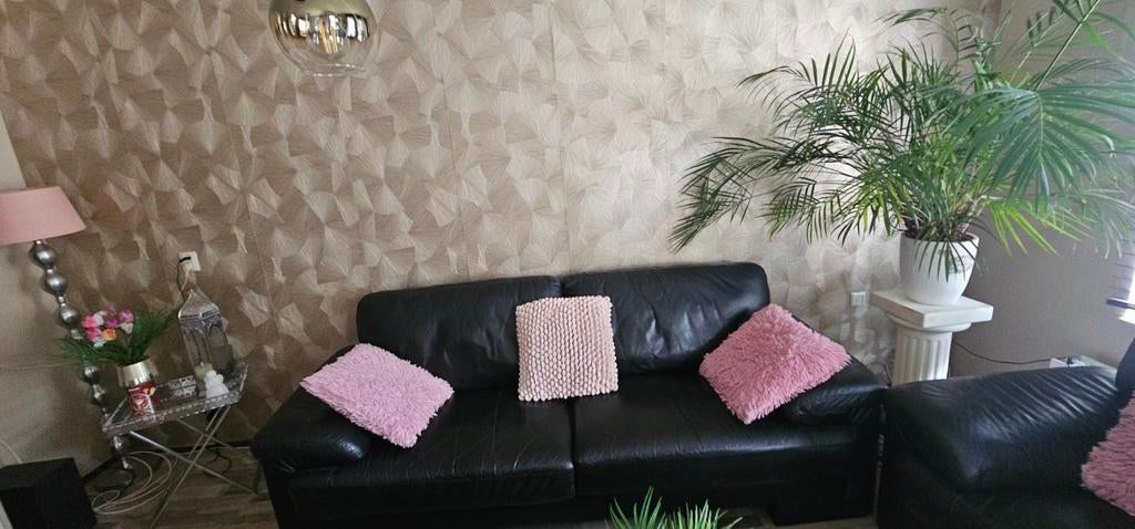Zwart leren bankstel - 2- en 3 zits komt van driehoek meubel, Gebruikt, 150 tot 200 cm, Tweepersoons, Ophalen of Verzenden