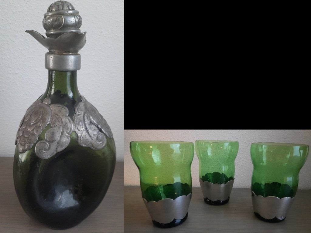 karaf + 3 glazen groen glas bekleed met tin - Georg Nilsson, Ophalen of Verzenden