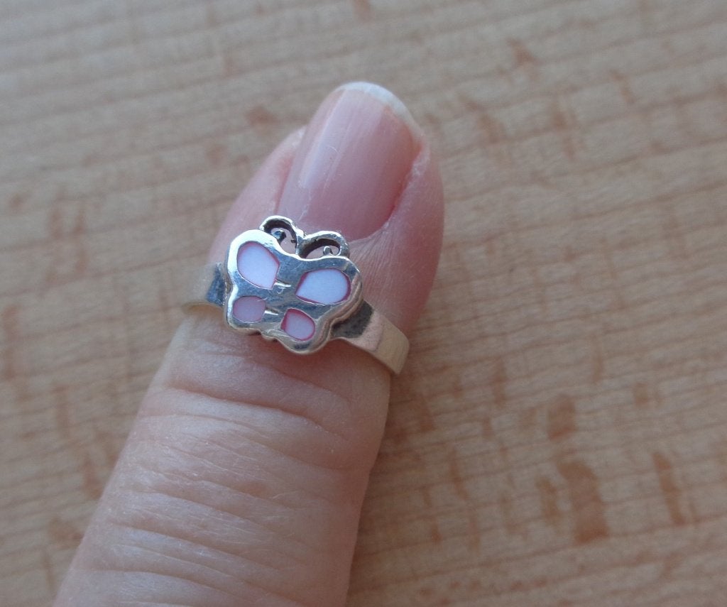 zilveren teen ring met parelmoer vlinder [1037], Verzenden, Dame, Zilver, Zilver