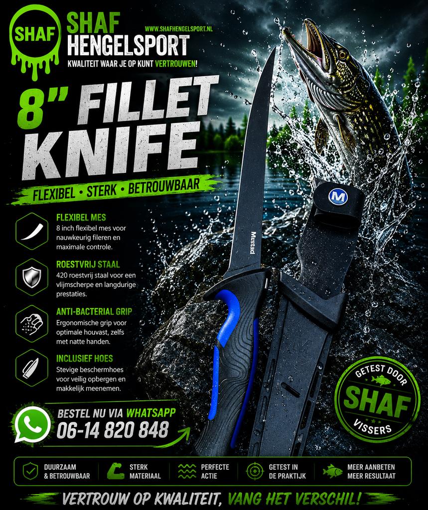 Mustad Fileermes 8” Inch met Houder, Eén persoon