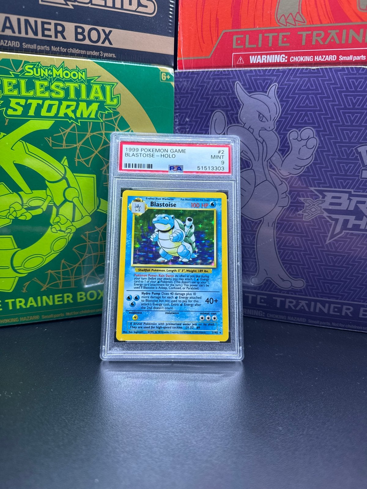 Blastoise Base Set Holo PSA 9 Mint, Ophalen of Verzenden, Zo goed als nieuw, Losse kaart, Foil