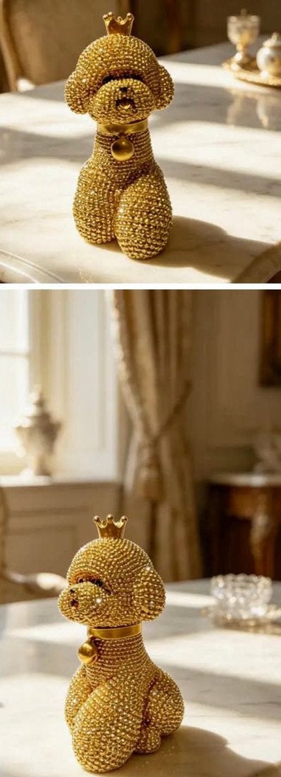 Luxe Gouden Poedel Beeldje met Kroon - Strass Decoratie, Huis en Inrichting, Overige materialen, Nieuw, Ophalen of Verzenden, Goud