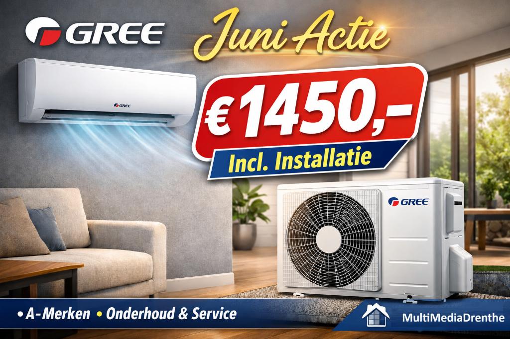 Juni Actie – Gree 3.5 kW Airco inclusief installatie, Witgoed en Apparatuur, Airco's, Koelen en Ontvochtigen, Timer, Nieuw, 3 snelheden of meer