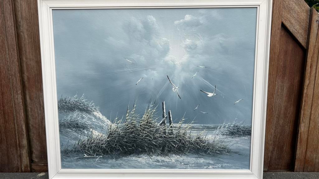 Schilderij Zeezicht vanuit de duinen met lijst, Antiek en Kunst, Kunst | Schilderijen | Klassiek, Ophalen