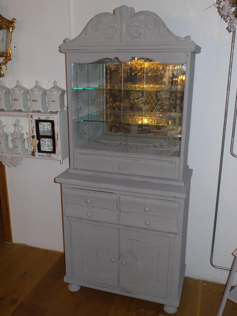 Mooie oude gerestylde kast, (2delig) kleur antiek grijs, Ophalen, Glas, Gebruikt, Met deur(en)