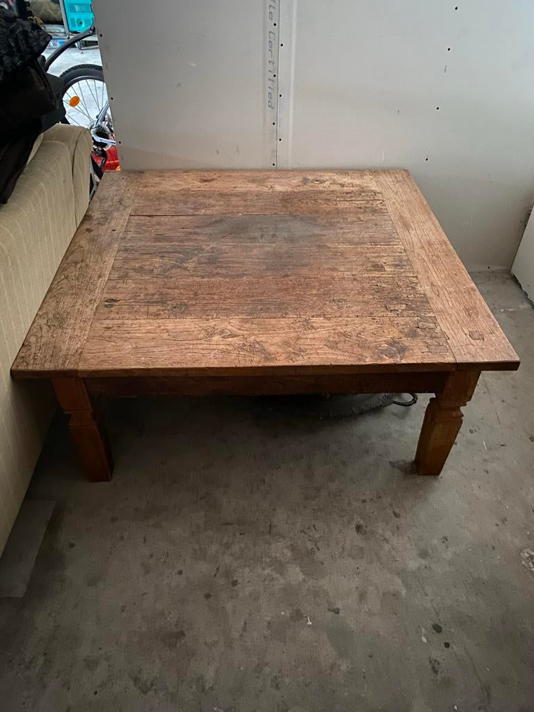 Robuuste houten salontafel - 120x120 cm, Ophalen, Gebruikt, 100 tot 150 cm, 50 tot 75 cm