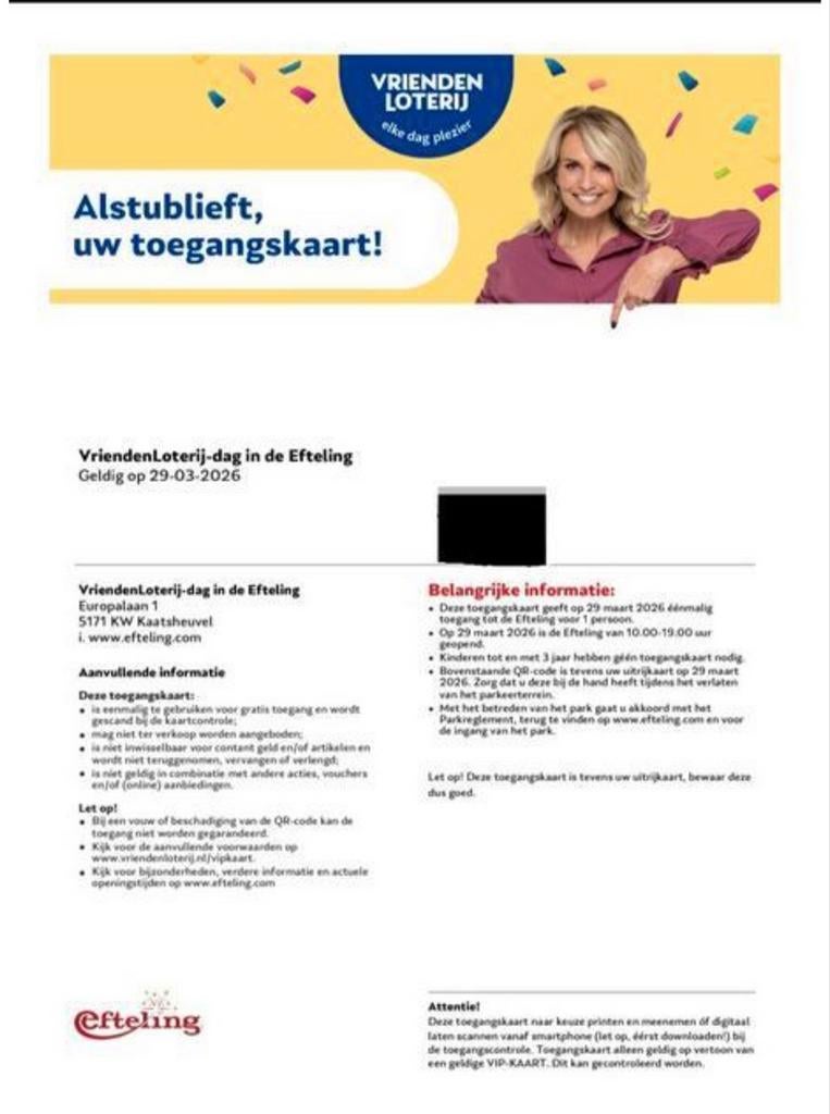 6x Efteling tickets zondag 29 maart, Drie personen of meer, Ticket of Toegangskaart