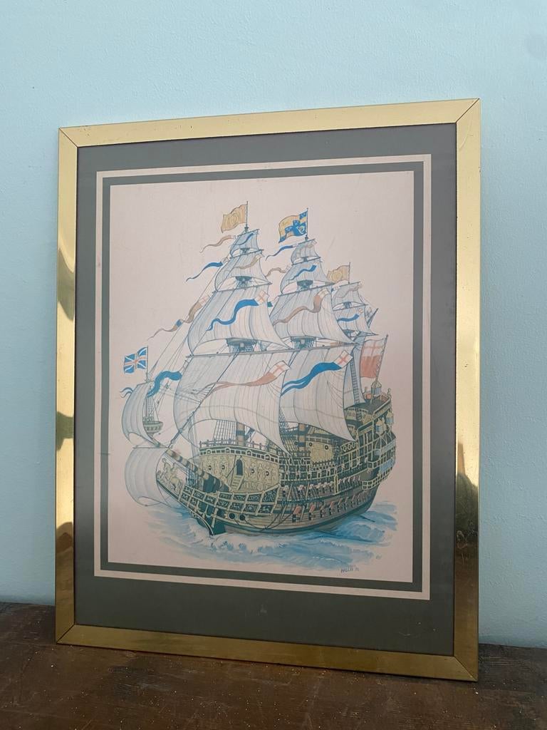 Schip print in lijstje, Antiek en Kunst, Kunst | Tekeningen en Foto's, Ophalen
