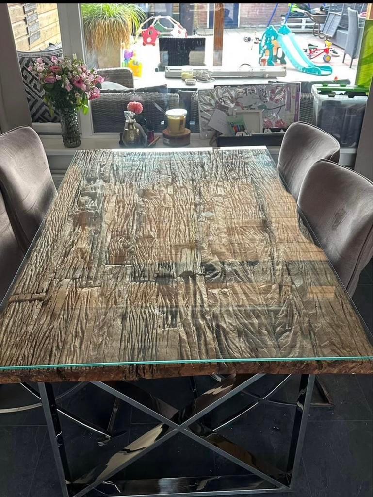 Sleeperwood eettafel met glasplaat - 160x100 cm, Huis en Inrichting, Ophalen, Gebruikt, 100 tot 150 cm, 150 tot 200 cm