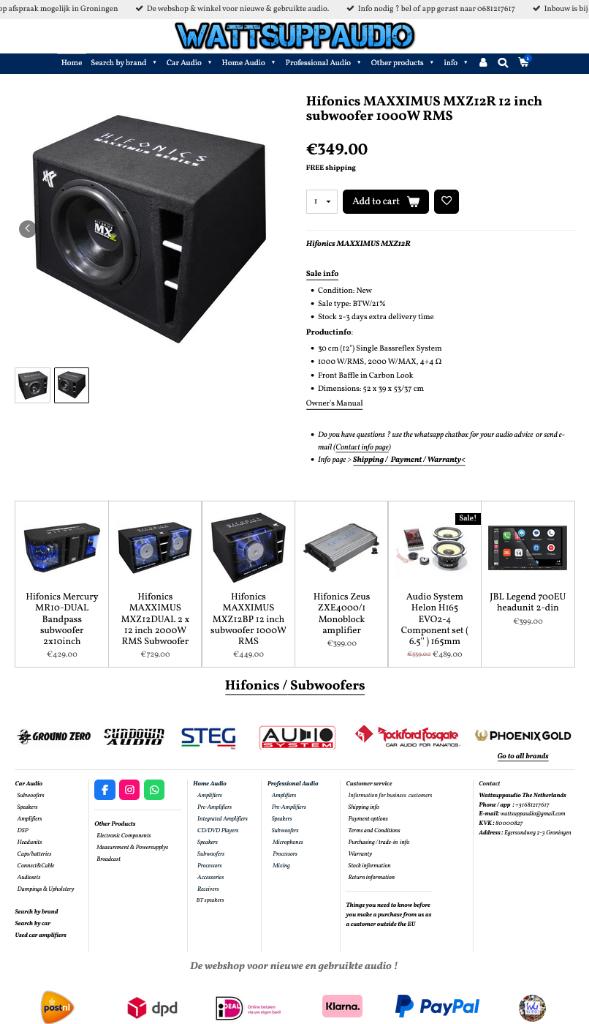 Hifonics MAXXIMUS MXZ12R 12 inch subwoofer 1000W RMS, Audio Design, Nieuw, Am Breilingsweg 3, 76709 Kronau, Duitsland, Ophalen of Verzenden
