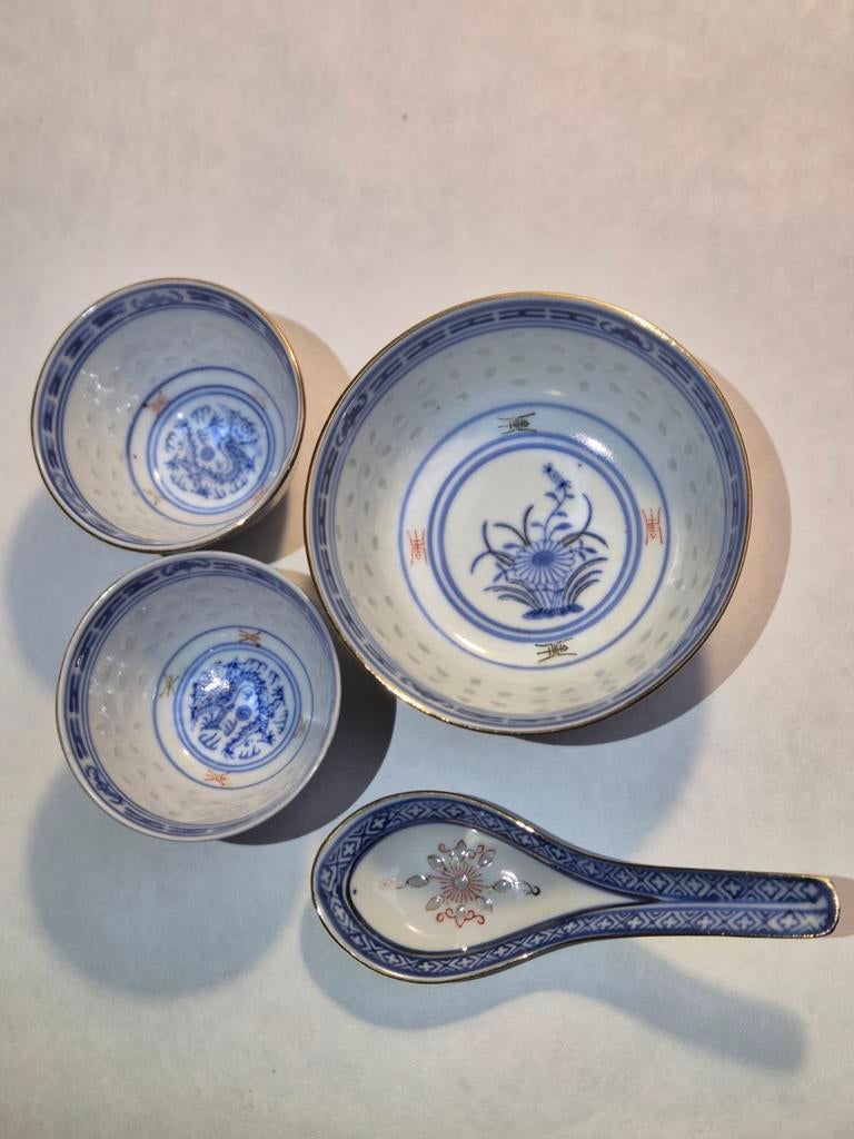 Vintage oosterse rijstkommen en lepel, Antiek en Kunst, Antiek | Porselein, Ophalen of Verzenden