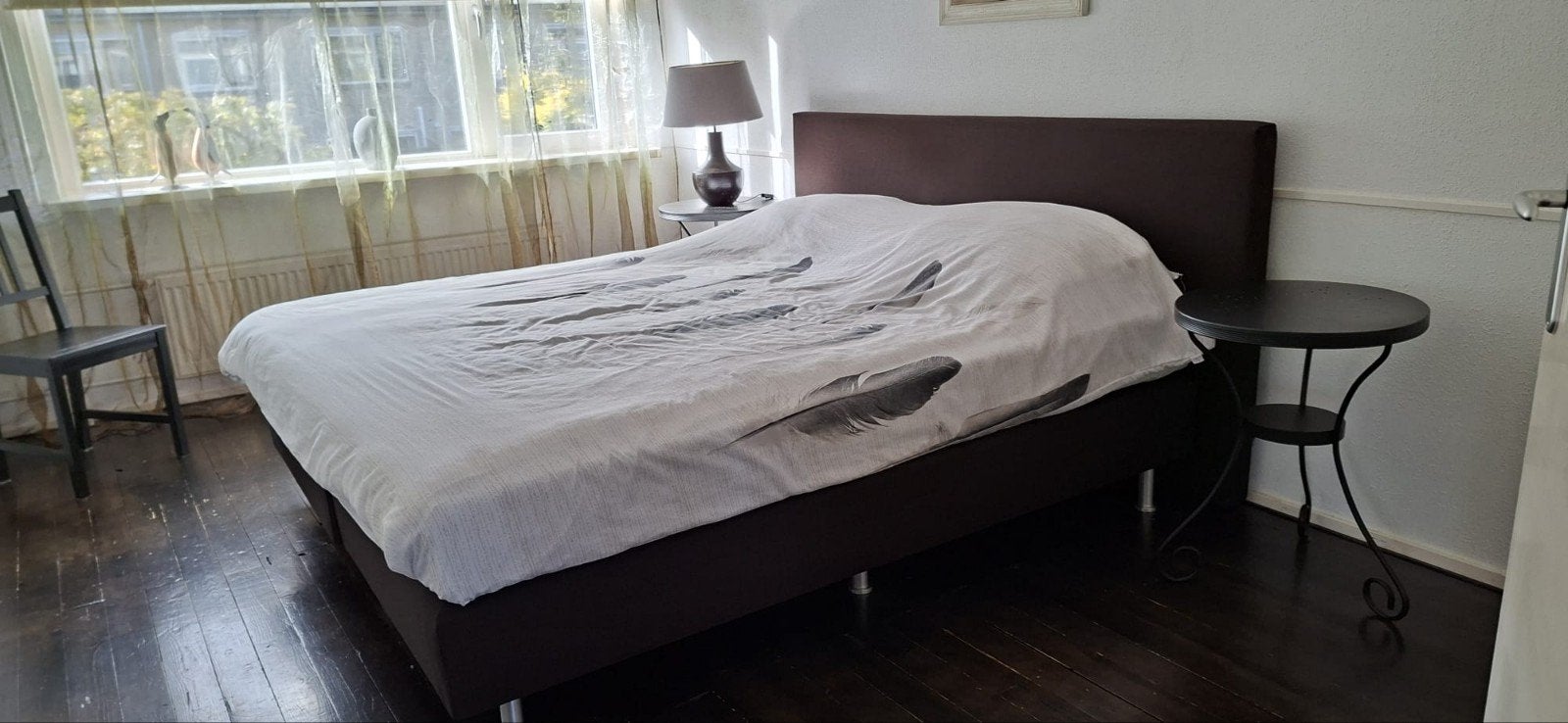 Boxspring bed 180x200 cm, bruin stof, Huis en Inrichting, Ophalen, Gebruikt, Tweepersoons