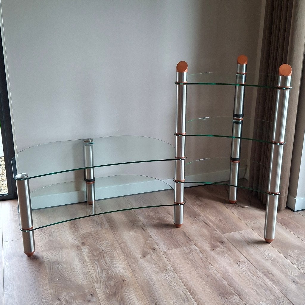 Hardglazen audio-/tv meubel, Huis en Inrichting, Ophalen, Gebruikt, 100 tot 150 cm, Kersenhout