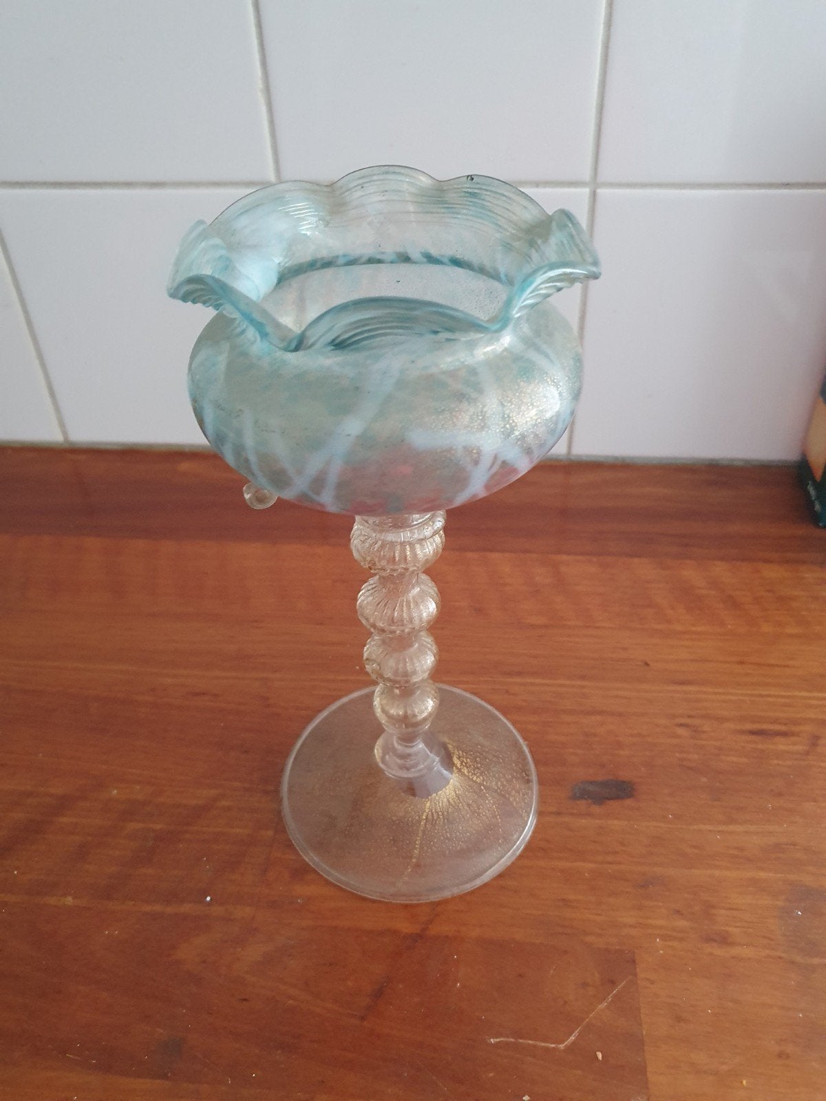 Antieke Murano glazen vaas/schaal, blauw met goud, Ophalen