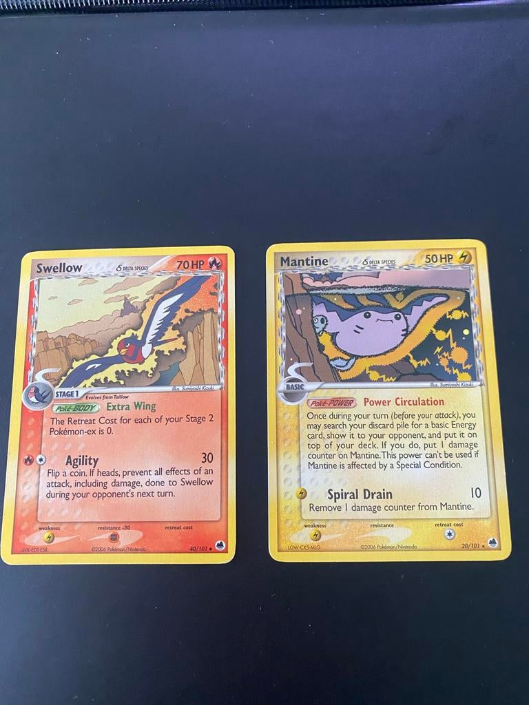 Pokémon Kaarten: Swellow en Mantine (Delta Species), Ophalen, Gebruikt, Meerdere kaarten