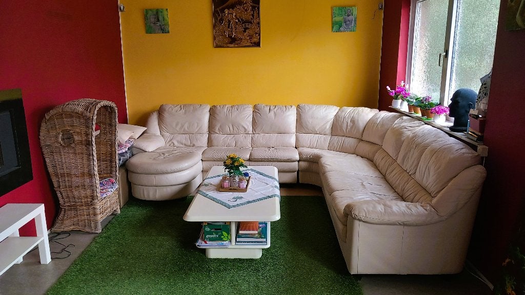 €200 – Natuzzi lederen hoekbank (7p) incl. ziteiland, Ophalen, Gebruikt, Leer