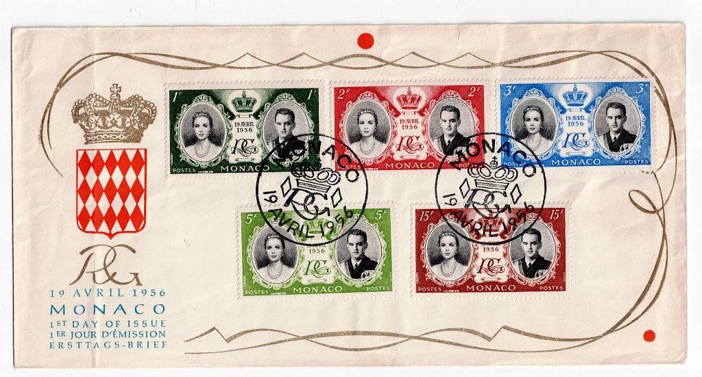 Monaco, FDC Huwelijk Reinier en Grace Kelly 1956, Ophalen of Verzenden, Na 1940, Gestempeld